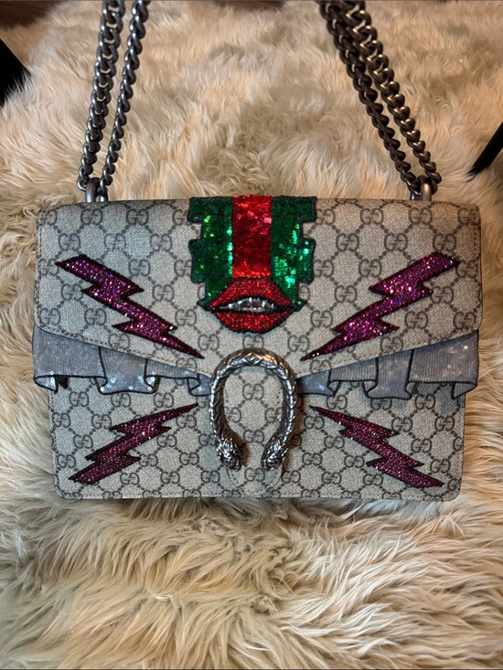 Gucci Handbags - Gucci GG Supreme Shoulder Bag with Pink Glitter Lightning and Green-Red Appliqué